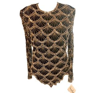 Vintage Lawrence Kazar Sequined Top Gold Black 100% Silk Longsleeve Small